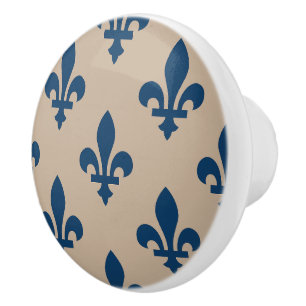 Bouton De Porte En Céramique Motif Fleur de Lis, Bleu Royal Français sur Crème