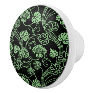 Bouton De Porte En Céramique Motif floral antique noir et vert