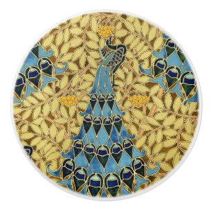 Bouton De Porte En Céramique Motif floral au paon bleu Art nouveau vintage