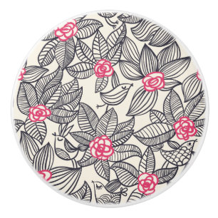 Bouton De Porte En Céramique Motif floral avec des oiseaux de bande dessinée