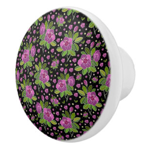 Bouton De Porte En Céramique Motif floral lilas rose vert noir