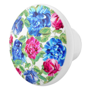 Bouton De Porte En Céramique Motif floral rose et bleu vif joli