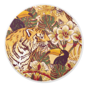 Bouton De Porte En Céramique Motif floral tropical avec le tigre