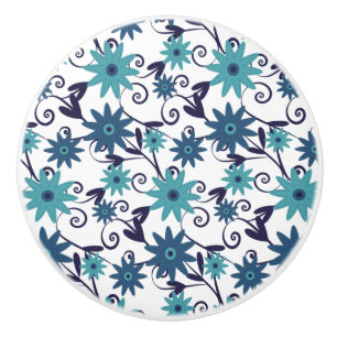 Bouton De Porte En Céramique Motif Floral Turquoise Bleu