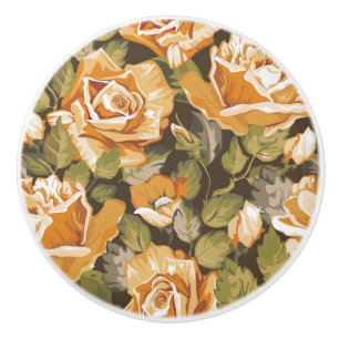 Bouton De Porte En Céramique Motif floral vintage des roses jaunes