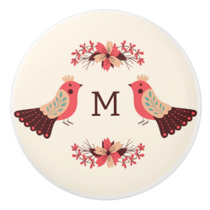 Bouton De Porte En Céramique Motif folklorique scandinave avec oiseaux et fleur