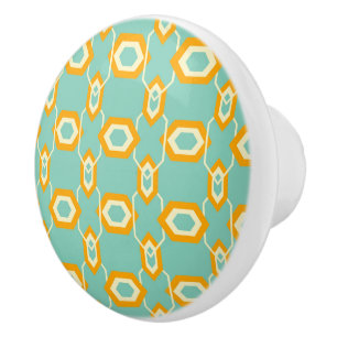 Bouton De Porte En Céramique Motif géométrique stylisé en hexagone orange gras