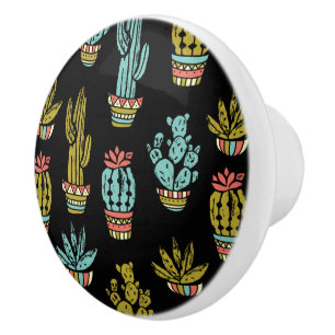Bouton De Porte En Céramique Motif grunge foncé de cactus