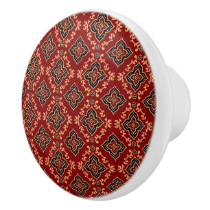 Bouton De Porte En Céramique Motif indien géométrique rouge