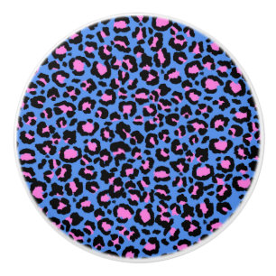 Bouton De Porte En Céramique Motif léopard en framboise sur bleu électrique