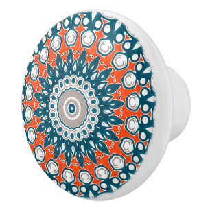 Bouton De Porte En Céramique Motif Mandala Corail et Sarcelle