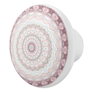Bouton De Porte En Céramique Motif Mandala Rose Pâle et Menthe