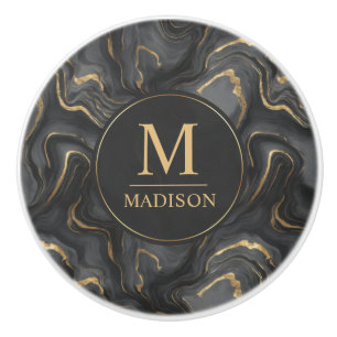 Bouton De Porte En Céramique Motif Marbre Paillettes Or Personnalisé Gris Noir