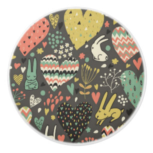 Bouton De Porte En Céramique Motif mignon de lapins d'amour avec des coeurs