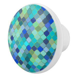 Bouton De Porte En Céramique Motif mosaïque marocaine bleu aqua