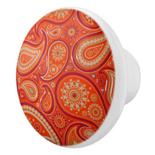 Bouton De Porte En Céramique Motif Paisley Orange Orné