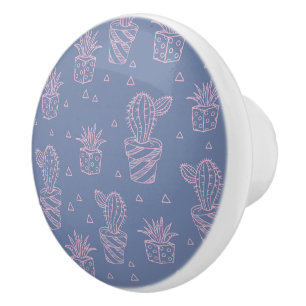 Bouton De Porte En Céramique Motif rose et pourpre de cactus de bande dessinée
