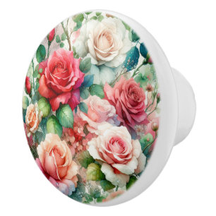 Bouton De Porte En Céramique Motif Rose Fantaisiste