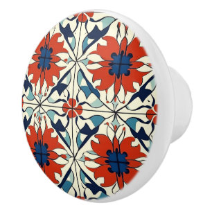 Bouton De Porte En Céramique Motif rouge bleu et blanc cassé