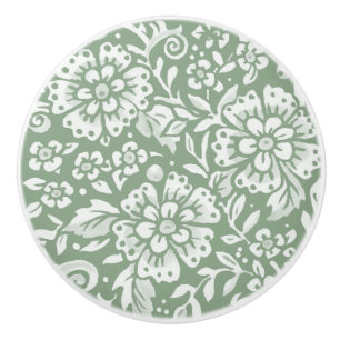 Bouton De Porte En Céramique Motif Sage Vert Blanc Floral Damask 