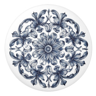 Bouton De Porte En Céramique Motif traditionnel bleu gris blanc orange