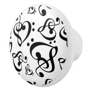 Bouton De Porte En Céramique Motif triple de notes de musique de coeurs de clef