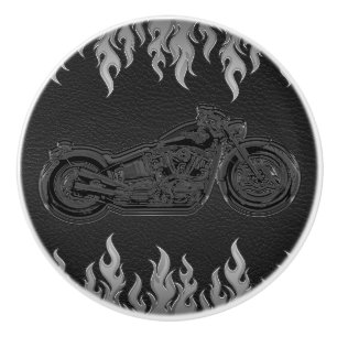 Bouton De Porte En Céramique Motocyclette Flammes Chrome Argent Cuir Noir