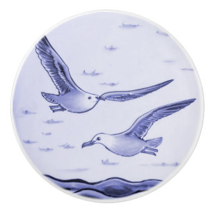 Bouton De Porte En Céramique Mouettes de mer bleue et blanche Oiseaux de mouett
