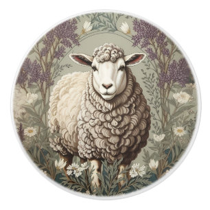 Bouton De Porte En Céramique Moutons Élégants Fond de Fleur de Lavande
