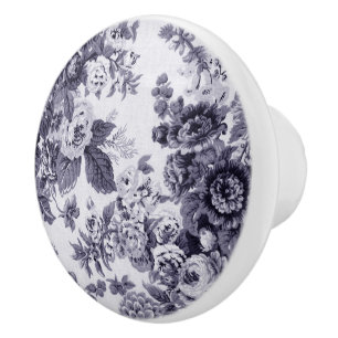 Bouton De Porte En Céramique Mûre Toile floral vintage pourpre bleu No.3