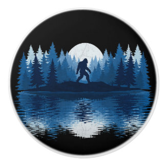Bouton De Porte En Céramique Mystic Blue Forest Bigfoot Moon Silhouette Door