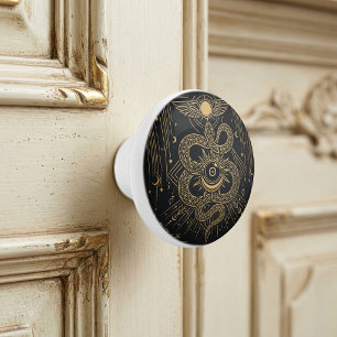 Bouton De Porte En Céramique Mystic Gold Snaket Soleil Astrologie Céleste Art