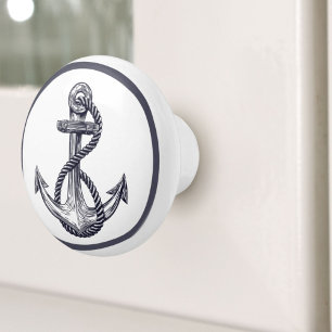 Bouton De Porte En Céramique Nautical Coastal Beach House Grey Ship Ancre