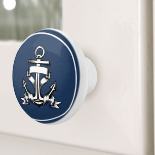 Bouton De Porte En Céramique Nautical Coastal Blue Beach House Ancre de navire