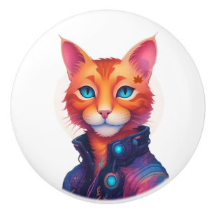 Bouton De Porte En Céramique "Neon Paws : le chat cyberpunk roux aux yeux bleus