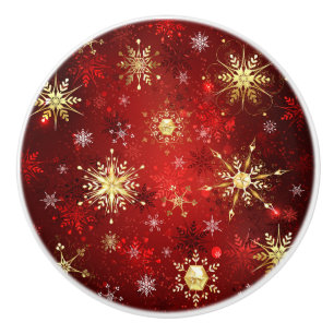 Bouton De Porte En Céramique Noël Golden Snowflakes sur Arrière - plan rouge