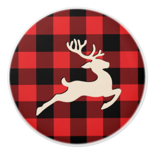 Bouton De Porte En Céramique Noël Vacances Cerfs Antlers Rouge Noir En vichy