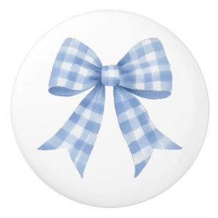 Bouton De Porte En Céramique Nœud à carreaux gingham bleu