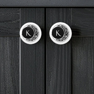 Bouton De Porte En Céramique Nœud Celtique Monogramme Cercle Lunaire Noir Blanc