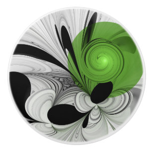 Bouton De Porte En Céramique Noir Abstrait et blanc avec art fractal vert