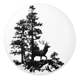 Bouton De Porte En Céramique Noir Blanc Cerf Animal Nature silhouette