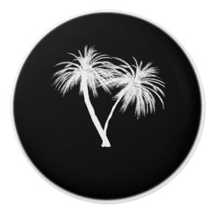 Bouton De Porte En Céramique Noir & Blanc Palmiers Tropicaux Moderne Chic