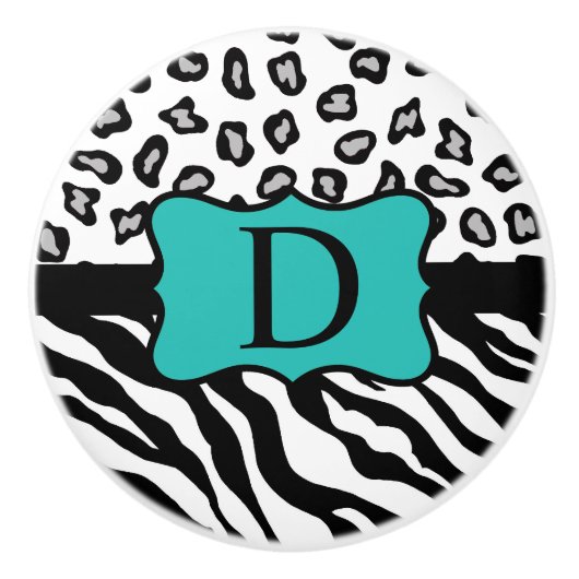 Bouton De Porte En Céramique Noir Blanc Turquoise Zebra Leopard Peau Monogramme (Devant)