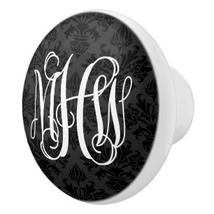 Bouton De Porte En Céramique Noir monogramme à motif de vigne en damas 2 tons #