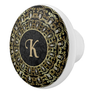Bouton De Porte En Céramique Noir & Or Ornate Cadre Ceramic Knob