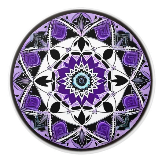 Bouton De Porte En Céramique Noir, violet et Turquoise Mandala Ceramic Knob (Devant)