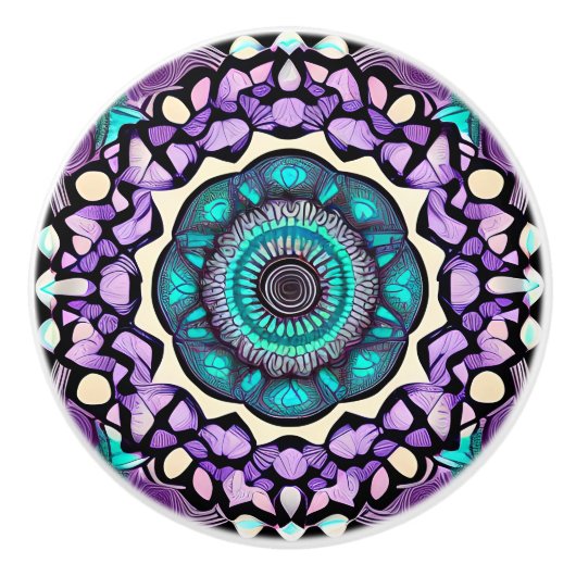 Bouton De Porte En Céramique Noir, violet et Turquoise Mandala Ceramic Knob (Devant)