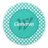 Bouton De Porte En Céramique Nom moderne initial turquoise points blancs (Devant)