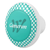 Bouton De Porte En Céramique Nom moderne initial turquoise points blancs (Droite)
