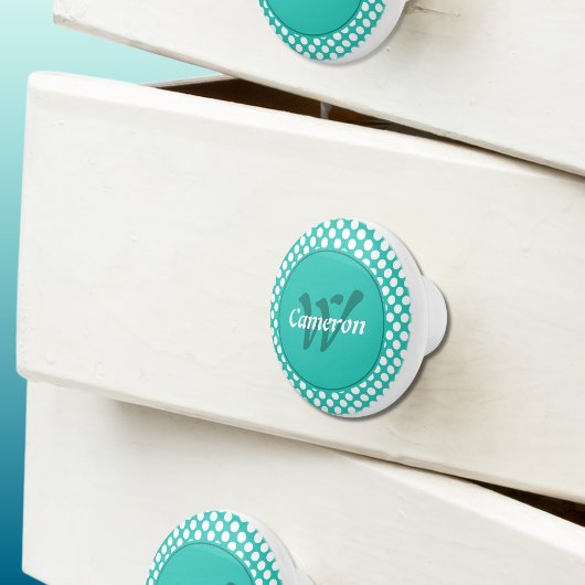 Bouton De Porte En Céramique Nom moderne initial turquoise points blancs